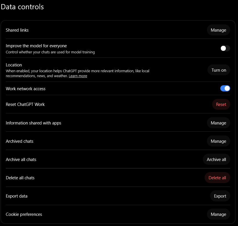 Data controls with the general model-training switch turned off